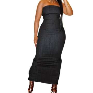 Flamingals Sexy Off Shoulder Sleeveless Maxi Dress for Women Zip Back Split Hem Party Long Dress Bla...