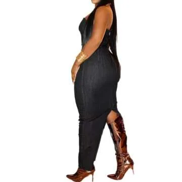 Flamingals Sexy Off Shoulder Sleeveless Maxi Dress for Women Zip Back Split Hem Party Long Dress Black L