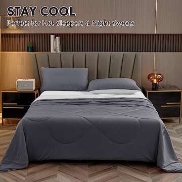 HOMFINE Cooling Comforter Japanese Double-Sided Cold Tech Fabric Cooling Blanket for Night Sweats Hot Sleepers, Q-Max 0.45 Soft Breathable Silky Smooth Lightweight Grey Summer Comforter Queen