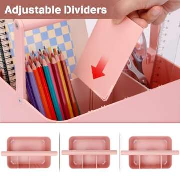 LAFARA Multipurpose Caddy Organizer with Handle and Adjustable Divider, Portable Art Supply Storage Organizer for Art Craft Supplies, Dorm, Classroom, Office, Bathroom, Shower, Cleaning, Makeup (Pink)