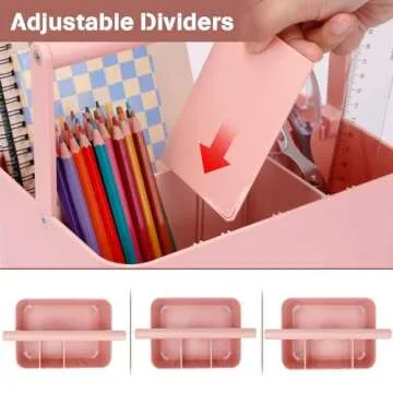 LAFARA Multipurpose Caddy Organizer with Handle and Adjustable Divider, Portable Art Supply Storage Organizer for Art Craft Supplies, Dorm, Classroom, Office, Bathroom, Shower, Cleaning, Makeup (Pink)