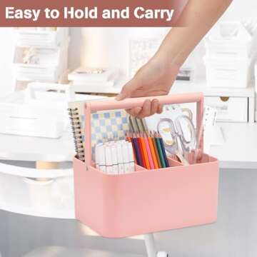 LAFARA Multipurpose Caddy Organizer with Handle and Adjustable Divider, Portable Art Supply Storage Organizer for Art Craft Supplies, Dorm, Classroom, Office, Bathroom, Shower, Cleaning, Makeup (Pink)