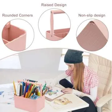 LAFARA Multipurpose Caddy Organizer with Handle and Adjustable Divider, Portable Art Supply Storage Organizer for Art Craft Supplies, Dorm, Classroom, Office, Bathroom, Shower, Cleaning, Makeup (Pink)