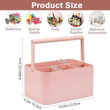 LAFARA Multipurpose Caddy Organizer with Handle and Adjustable Divider, Portable Art Supply Storage Organizer for Art Craft Supplies, Dorm, Classroom, Office, Bathroom, Shower, Cleaning, Makeup (Pink)