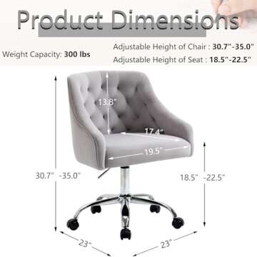 MOJAY Velvet Office Swivel Vanity Chair, Fabric Desk Pretty Fancy Gold Office Chair for Girls, 360°Swivel Height Adjustable Reception Chair (Grey)