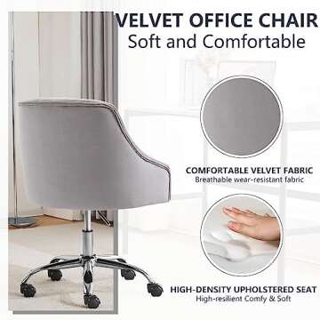 MOJAY Velvet Office Swivel Vanity Chair, Fabric Desk Pretty Fancy Gold Office Chair for Girls, 360°Swivel Height Adjustable Reception Chair (Grey)