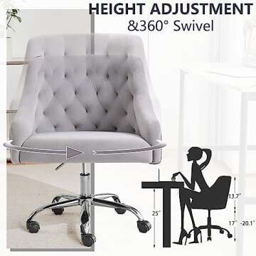 MOJAY Velvet Office Swivel Vanity Chair, Fabric Desk Pretty Fancy Gold Office Chair for Girls, 360°Swivel Height Adjustable Reception Chair (Grey)