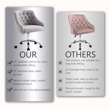 MOJAY Velvet Office Swivel Vanity Chair, Fabric Desk Pretty Fancy Gold Office Chair for Girls, 360°Swivel Height Adjustable Reception Chair (Grey)