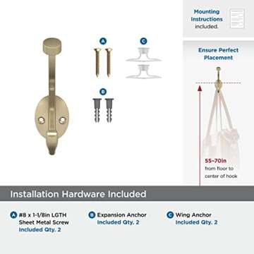 Decorative Double Prong Wall Hook for Coats & Bags