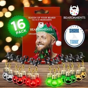 Beardaments Beard Lights - Light-Up Beard Ornaments for Men - Colorful Christmas Beard Baubles with Easy Clip Attachment - Funny Christmas Ornaments - 16pc