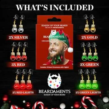 Beardaments Beard Lights - Light-Up Beard Ornaments for Men - Colorful Christmas Beard Baubles with Easy Clip Attachment - Funny Christmas Ornaments - 16pc