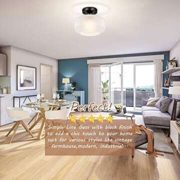 Industrial Ceiling Light Fixture White with Frosted Glass Shade, Black Semi Flush Mount Light Fixtur...