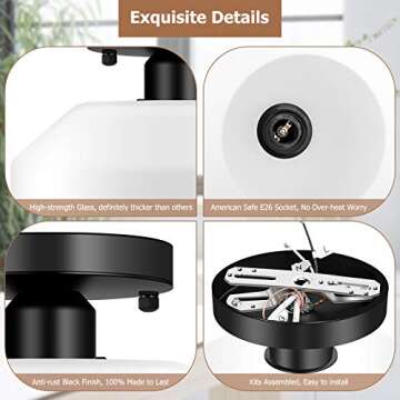 Industrial Ceiling Light Fixture White with Frosted Glass Shade, Black Semi Flush Mount Light Fixture for Hallway Porch Kitchen Entryway Corridor, Farmhouse Close to Ceiling Lights, E26 Base