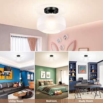 Industrial Ceiling Light Fixture White with Frosted Glass Shade, Black Semi Flush Mount Light Fixture for Hallway Porch Kitchen Entryway Corridor, Farmhouse Close to Ceiling Lights, E26 Base