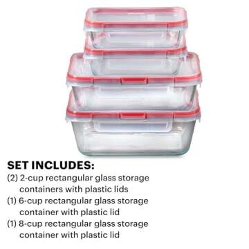 Pyrex Freshlock (4-Pack) Mixed Sized Glass Food Storage Containers Set, Airtight & Leakproof Locking Lids BPA-Free, Meal Prep Containers Set, Freezer Dishwasher Microwave Safe