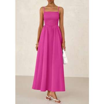PRETTYGARDEN Women's Smocked Maxi Dresses 2025 Summer Beach Sundress Casual Spaghetti Strap Swing A Line Long Flowy Dress (Rose Red,Medium)