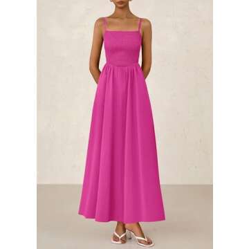 PRETTYGARDEN Women's Smocked Maxi Dresses 2025 Summer Beach Sundress Casual Spaghetti Strap Swing A Line Long Flowy Dress (Rose Red,Medium)