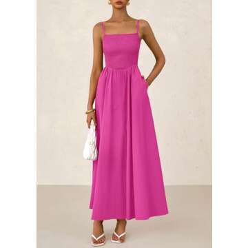 PRETTYGARDEN Women's Smocked Maxi Dresses 2025 Summer Beach Sundress Casual Spaghetti Strap Swing A Line Long Flowy Dress (Rose Red,Medium)