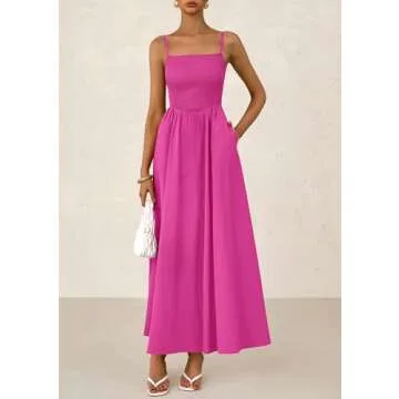 PRETTYGARDEN Women's Smocked Maxi Dresses 2025 Summer Beach Sundress Casual Spaghetti Strap Swing A Line Long Flowy Dress (Rose Red,Medium)