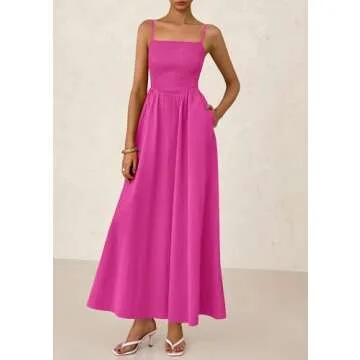 PRETTYGARDEN Women's Smocked Maxi Dresses 2025 Summer Beach Sundress Casual Spaghetti Strap Swing A Line Long Flowy Dress (Rose Red,Medium)