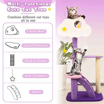 Calmbee Cat Tree Cat Tower Cat Scratching Post, 42.5 Inches Purple Cute Cat Tree for Indoor Cats, Natural Sisal Cat Climbing Activity Trees with Hammock & Stairs for Cats Kittens Pets Small Cat