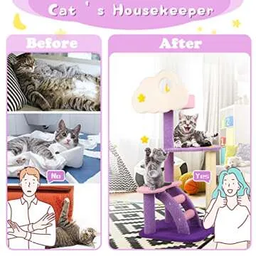 Calmbee Cat Tree Cat Tower Cat Scratching Post, 42.5 Inches Purple Cute Cat Tree for Indoor Cats, Natural Sisal Cat Climbing Activity Trees with Hammock & Stairs for Cats Kittens Pets Small Cat