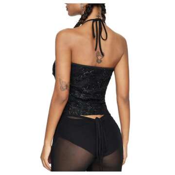 GORGLITTER Women's Halter Sequin Camisole Tops Sleeveless Sparkly Glitter Party Shirt Top Black Smal...
