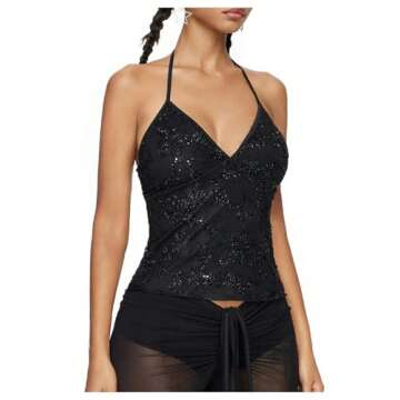GORGLITTER Women's Halter Sequin Camisole Tops Sleeveless Sparkly Glitter Party Shirt Top Black Small