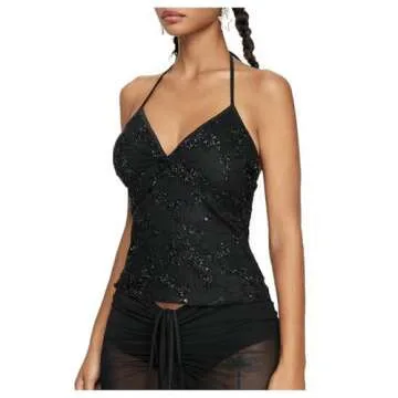 GORGLITTER Women's Halter Sequin Camisole Tops Sleeveless Sparkly Glitter Party Shirt Top Black Small