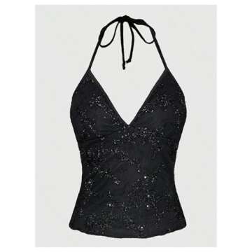 GORGLITTER Women's Halter Sequin Camisole Tops Sleeveless Sparkly Glitter Party Shirt Top Black Small