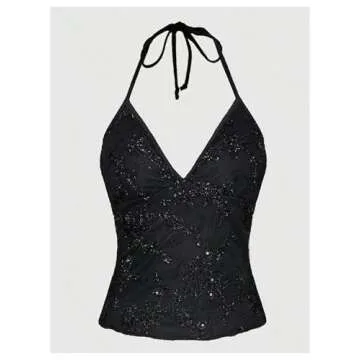 GORGLITTER Women's Halter Sequin Camisole Tops Sleeveless Sparkly Glitter Party Shirt Top Black Small