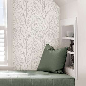 NuWallpaper NU2394 Treetops Peel Stick Wallpaper, White & Off-White