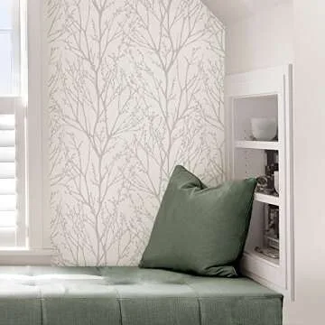 NuWallpaper NU2394 Treetops Peel Stick Wallpaper, White & Off-White