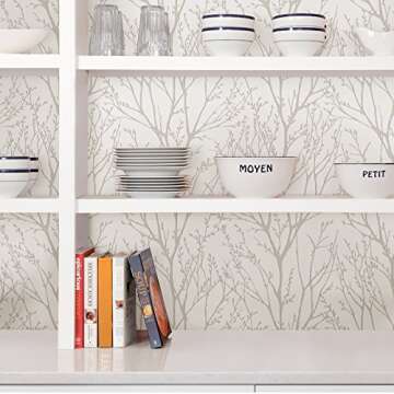 NuWallpaper NU2394 Treetops Peel Stick Wallpaper, White & Off-White
