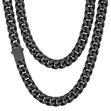 Mens Cuban Link Chain, Black Miami Cuban Chain Necklace for Men, 9mm Wide Hip Hop Mens Jewelry, 22"