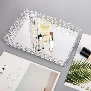 Feyarl Crystal Vanity Makeup Perfume Tray Ornate Jewelry Trinket Organizer Cosmetic Decorative Tray Skin Care Storage for Home Dressing Table Wedding Decoration(Rectangle 12" x 8") (Silver)