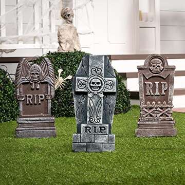 JOYIN 17” Halloween Foam RIP Graveyard Tombstones (5 Pack), Yard Sign Headstone Decorations and 10 Bonus Metal Stakes for Halloween Yard Outdoor Indoor Decorations