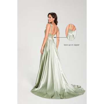 Miao Duo Womens Spaghetti Straps Satin Prom Dresses 2025 High Split Prom Party Ball Gowns with Pocke...