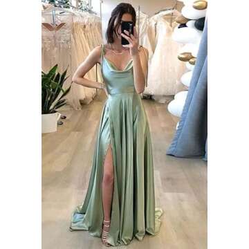 Miao Duo Womens Spaghetti Straps Satin Prom Dresses 2025 High Split Prom Party Ball Gowns with Pockets Rust 08