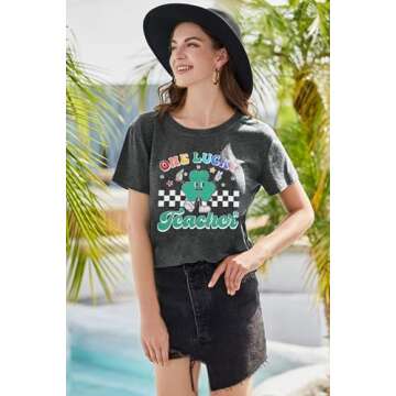 FASHGL One Lucky Teacher Shirt Women St. Patrick's Day Tshirt Lucky Clover Teacher Shirt Shamrock Teacher Gift Tee Tops