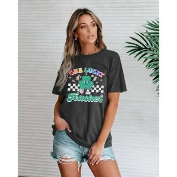 FASHGL One Lucky Teacher Shirt Women St. Patrick's Day Tshirt Lucky Clover Teacher Shirt Shamrock Teacher Gift Tee Tops
