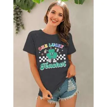 FASHGL One Lucky Teacher Shirt Women St. Patrick's Day Tshirt Lucky Clover Teacher Shirt Shamrock Teacher Gift Tee Tops