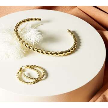 PAVOI Gold Plated Twisted Chunky Bangle Bracelet | 14K Gold Plated | Lightweight Everyday Jewelry
