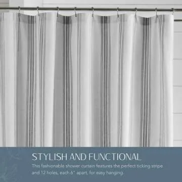 Elrene Home Fashions Farmhouse Living Homestead Stripe Fabric Shower Curtain, 72.00" x 72.00", Black