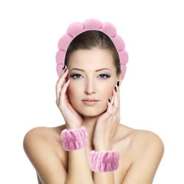 Spa Headbands for Washing Face, Makeup and Skincare. Set of 2 Skin Care Head bands with Wristbands. ...