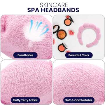 Spa Headbands for Washing Face, Makeup and Skincare. Set of 2 Skin Care Head bands with Wristbands. Puffy Terry Cloth, Non Slip Get Ready Hairband for Women, Teens, Girls. Cute Hair Accessories.
