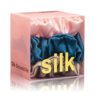 Silk Scrunchies for Hair - 100% Mulberry Silk Hair Ties (Pack of 3)