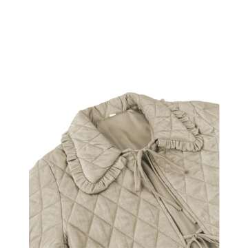 Vimida Women's Quilted Lightweight Jackets Long Sleeve Winter Cropped Cotton Padded Coat Jacket Bow Tie Puffy Outwear(Khaki-M)