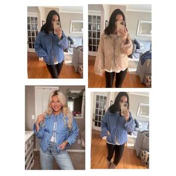 Vimida Women's Quilted Lightweight Jackets Long Sleeve Winter Cropped Cotton Padded Coat Jacket Bow Tie Puffy Outwear(Khaki-M)