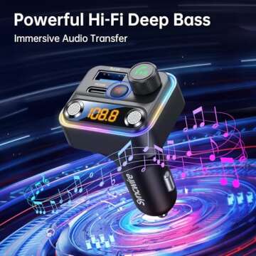 Syncwire Bluetooth 5.4 FM Transmitter Car Adapter 42W [Light Switch] [Stronger Dual-mic] [HiFi Bass Sound] [Fast Charging] Wireless FM Radio Stereo Music Adapter Hands-Free Calling Support USB Drive